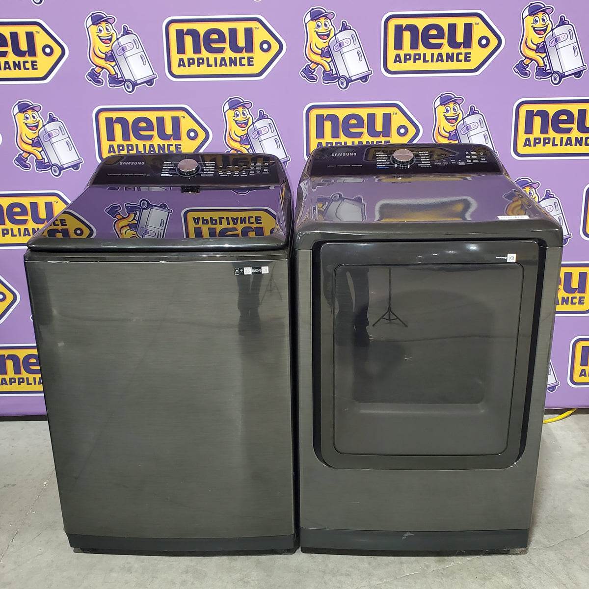 Samsung 5.1 cu. ft. Smart Top Load Washer with ActiveWave™ Agitator and Super Speed Wash WA51A5505AV - Certified Refurbished and Samsung 7.4 Cu. Ft. Smart Electric Dryer with Steam Sanitize+ in Black 16298 - DVE55CG7100V - Scratch & Dent (Minor)