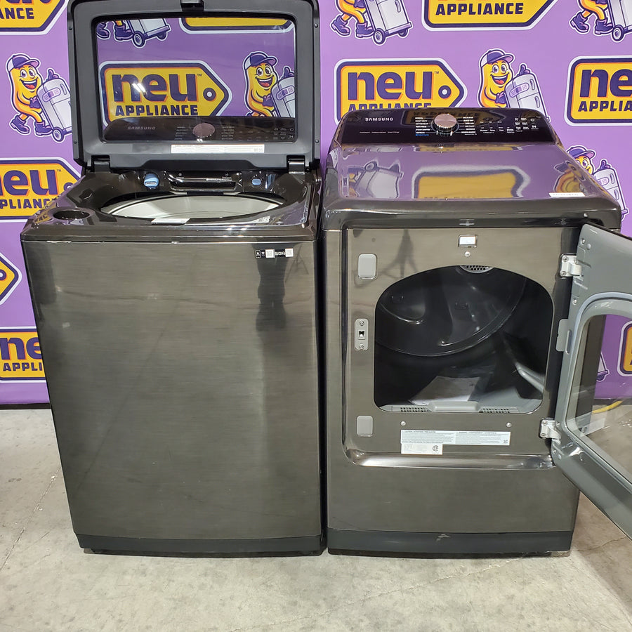 Samsung 5.1 cu. ft. Smart Top Load Washer with ActiveWave™ Agitator and Super Speed Wash WA51A5505AV - Certified Refurbished and Samsung 7.4 Cu. Ft. Smart Electric Dryer with Steam Sanitize+ in Black 16298 - DVE55CG7100V - Scratch & Dent (Minor)
