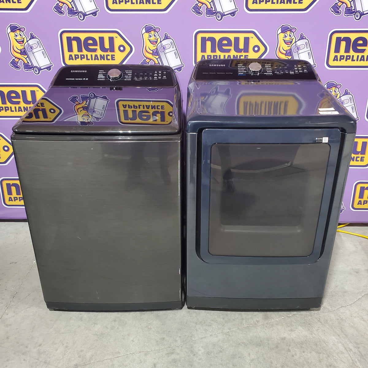 Samsung Stainless Steel 5.0 Cu. Ft. Washer with SuperSpeed and Active WaterJet WA50R5400AV - Certified Refurbished and Samsung Electric 7.4 Cu. Ft. Dryer with PetCare Dry and Steam Sanitize+ DVE54CG7150D - Scratch and Dent (Moderate)