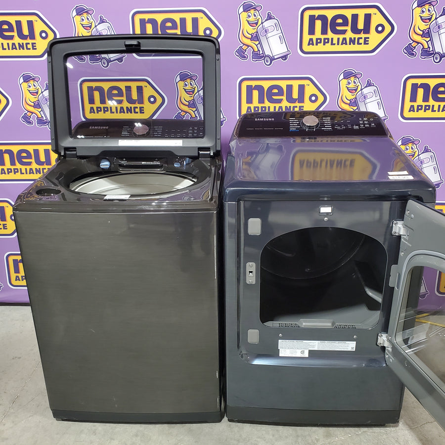 Samsung Stainless Steel 5.0 Cu. Ft. Washer with SuperSpeed and Active WaterJet WA50R5400AV - Certified Refurbished and Samsung Electric 7.4 Cu. Ft. Dryer with PetCare Dry and Steam Sanitize+ DVE54CG7150D - Scratch and Dent (Moderate)