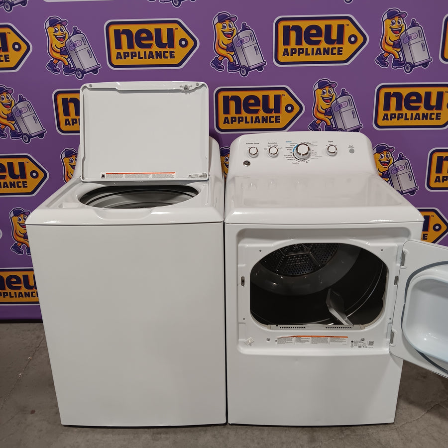 GE 3.8 cu. ft. Capacity Washer with Stainless Steel Basket in White GTW330ASKWW - Certified Refurbished and GE White Electric 7.2 Cu. Ft. Dryer with Aluminized Alloy Drum GTD42EASJWW - Certified Refurbished