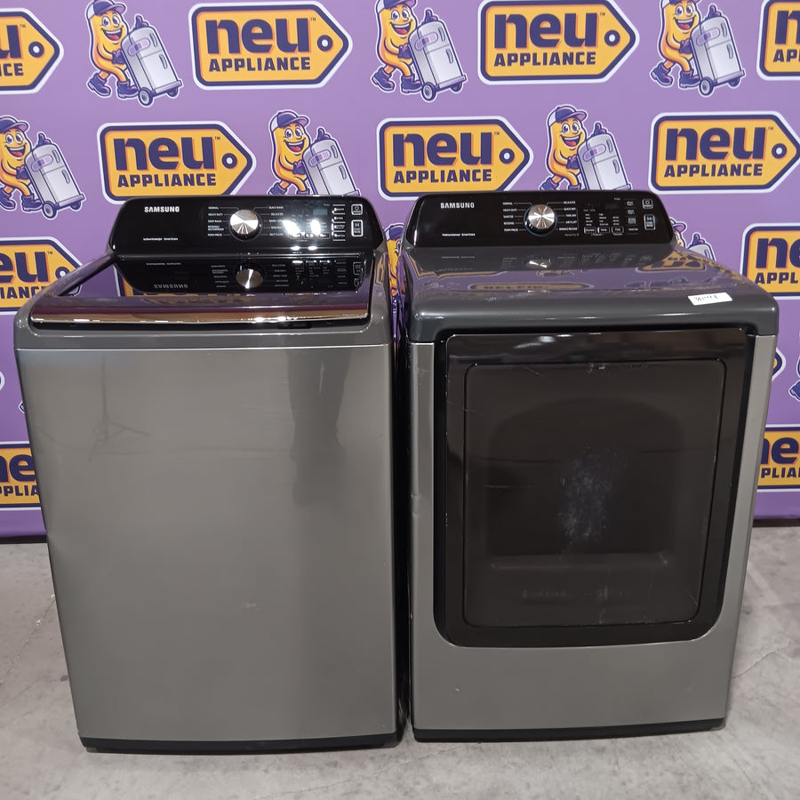 Samsung 4.5 cu. ft. Capacity Top Load Washer with Active WaterJet in Platinum WA45T3400AP - Certified Refurbished and Samsung 7.4 Cu. Ft. Gas Dryer with Sensor Dry in Platinum DVG45T3400P - Certified Refurbished