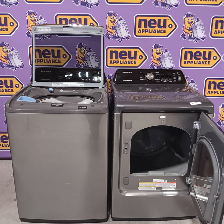 Samsung 4.5 cu. ft. Capacity Top Load Washer with Active WaterJet in Platinum WA45T3400AP - Certified Refurbished and Samsung 7.4 Cu. Ft. Gas Dryer with Sensor Dry in Platinum DVG45T3400P - Certified Refurbished