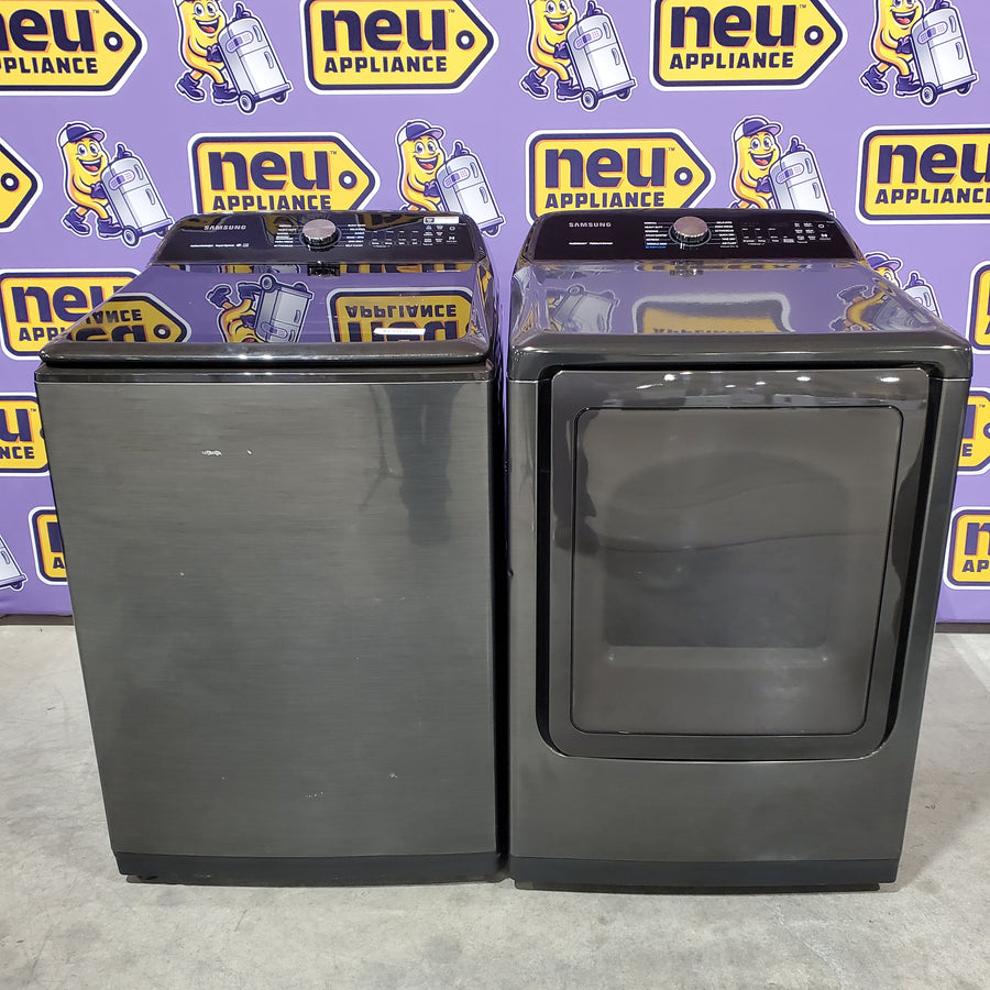 Samsung 5.0 cu. ft. Energy Star Top Load Washer with Active Water Jet in Black Stainless Steel WA50R5400AV - Certified Refurbished and Samsung Black Stainless Steel Electric 7.4 Cu. Ft. Dryer with Steam Sanitize DVE50R5400 - Certified Refurbished