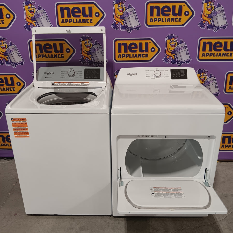 Whirlpool 4.2-4.3 Cu. Ft. Top Load Washer with 2-in-1 Removable Agitator and Soft Close Glass Lid WTW4307SW - Scratch & Dent (Minor) and Whirlpool 7.0 cu. ft. Electric Dryer with Adaptive Dry and Wrinkle Shield™ Option WED4307SW - Scratch & Dent (Minor)
