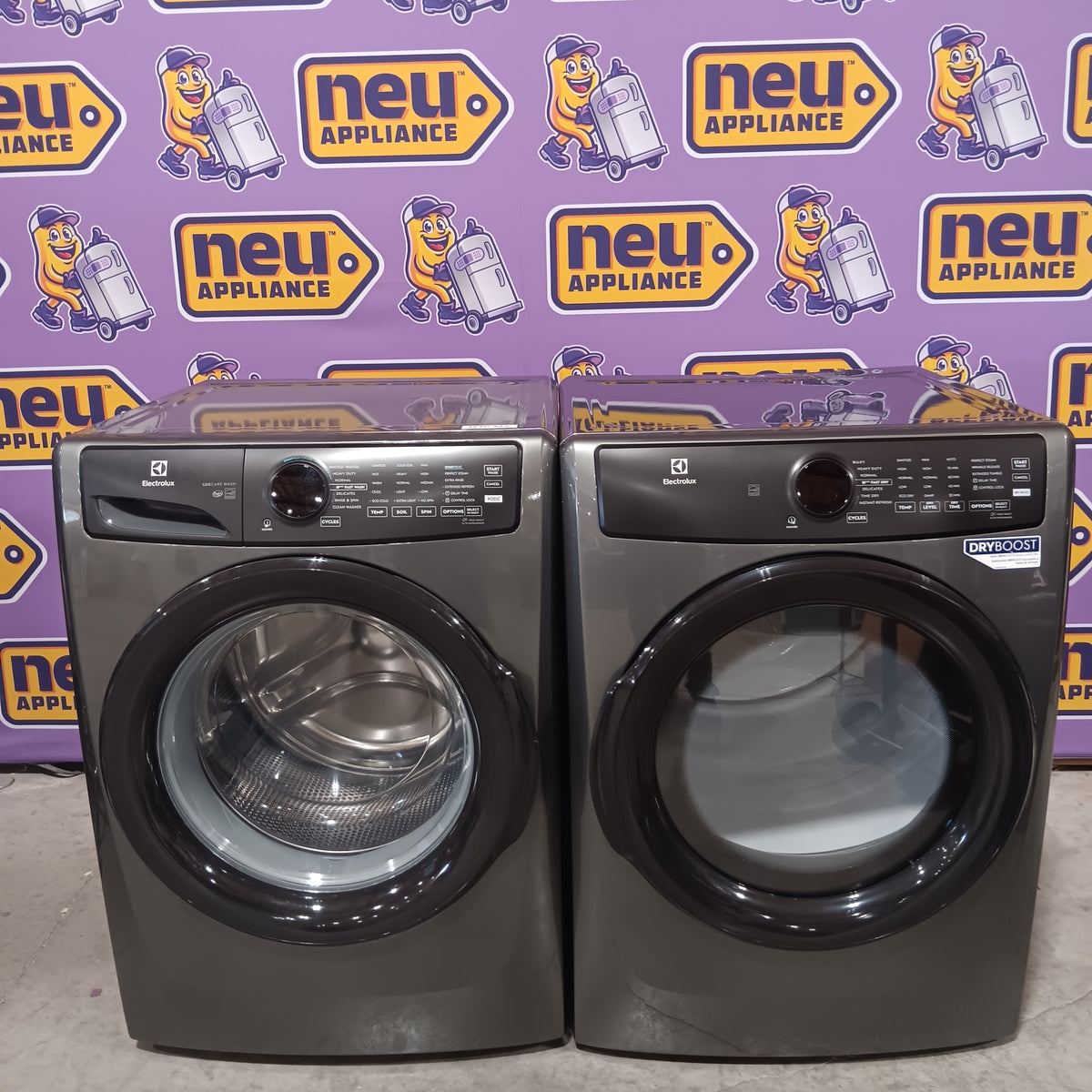 Electrolux 400 Series Front Load Washer - 4.5 Cu. Ft. ELFW7437AT - Scratch & Dent (Minor) and Electrolux 8-cu ft Stackable Vented Electric Dryer with Steam Cycle in Titanium ELFE7437AT - Scratch & Dent (Moderate)