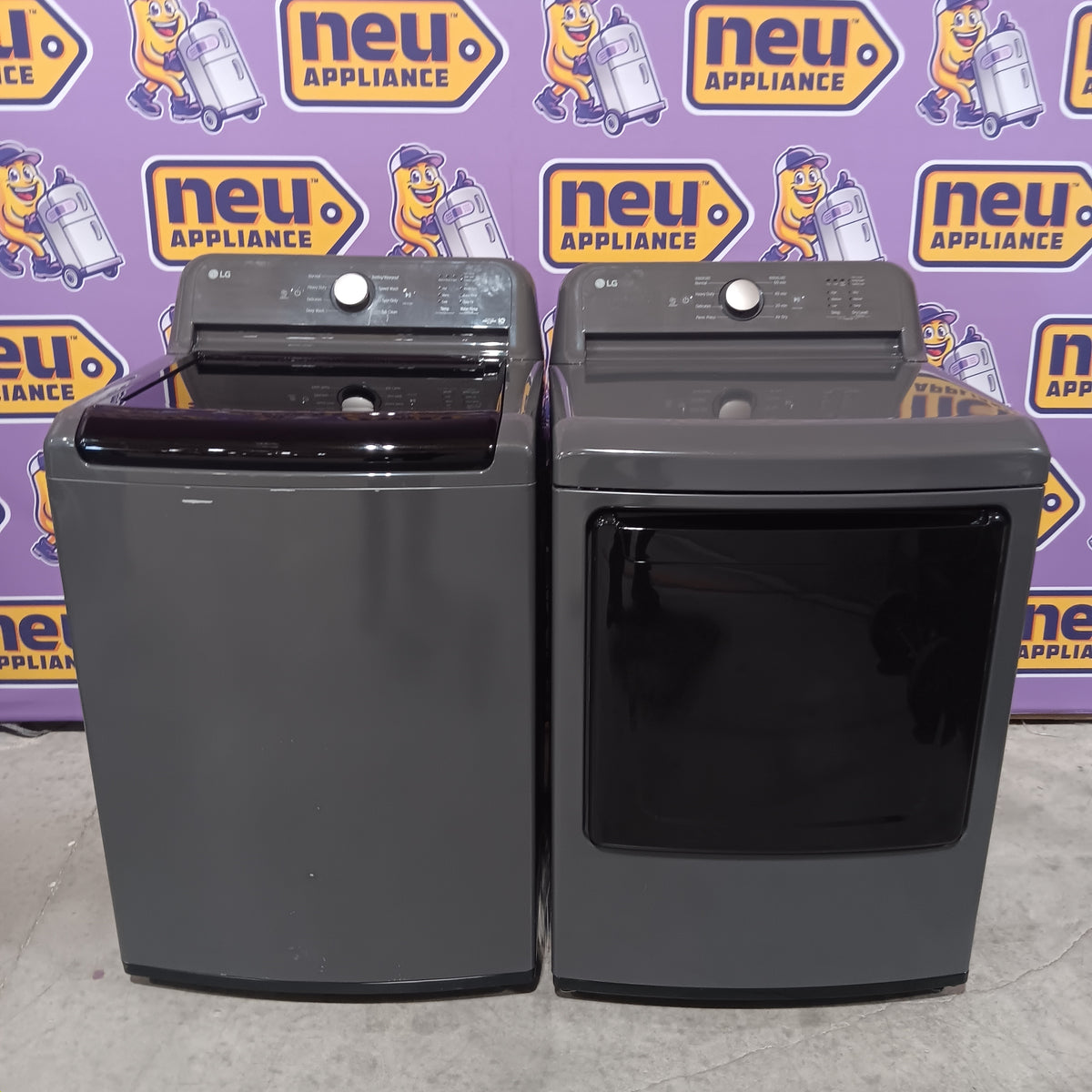 LG 4.1 cu. ft. Top Load Washer with 4-Way Agitator® and TurboDrum™ Technology  WT6105CM - Certified Refurbished and LG 7.3 cu. ft. Ultra Large High Efficiency Electric Dryer in Monochrome Grey DLE6100M - Scratch & Dent (Minor)