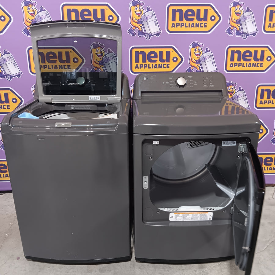 LG 4.1 cu. ft. Top Load Washer with 4-Way Agitator® and TurboDrum™ Technology  WT6105CM - Certified Refurbished and LG 7.3 cu. ft. Ultra Large High Efficiency Electric Dryer in Monochrome Grey DLE6100M - Scratch & Dent (Minor)