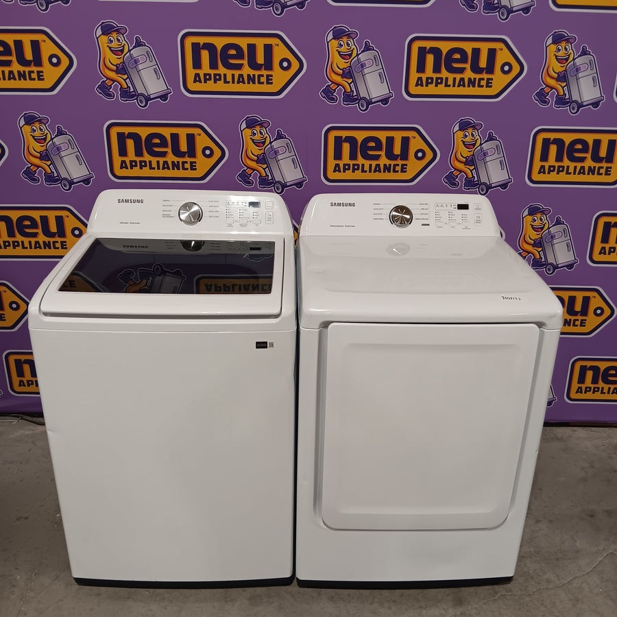 Samsung 4.5 cu. ft. Top Load Washer with Vibration Reduction Technology+ in White WA45T3200AW - Certified Refurbished and Samsung 7.2 cu. ft. Electric Dryer with Sensor Dry in White DVE45T3200W - Scratch & Dent (Minor)