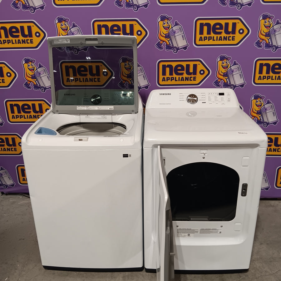 Samsung 4.5 cu. ft. Top Load Washer with Vibration Reduction Technology+ in White WA45T3200AW - Certified Refurbished and Samsung 7.2 cu. ft. Electric Dryer with Sensor Dry in White DVE45T3200W - Scratch & Dent (Minor)