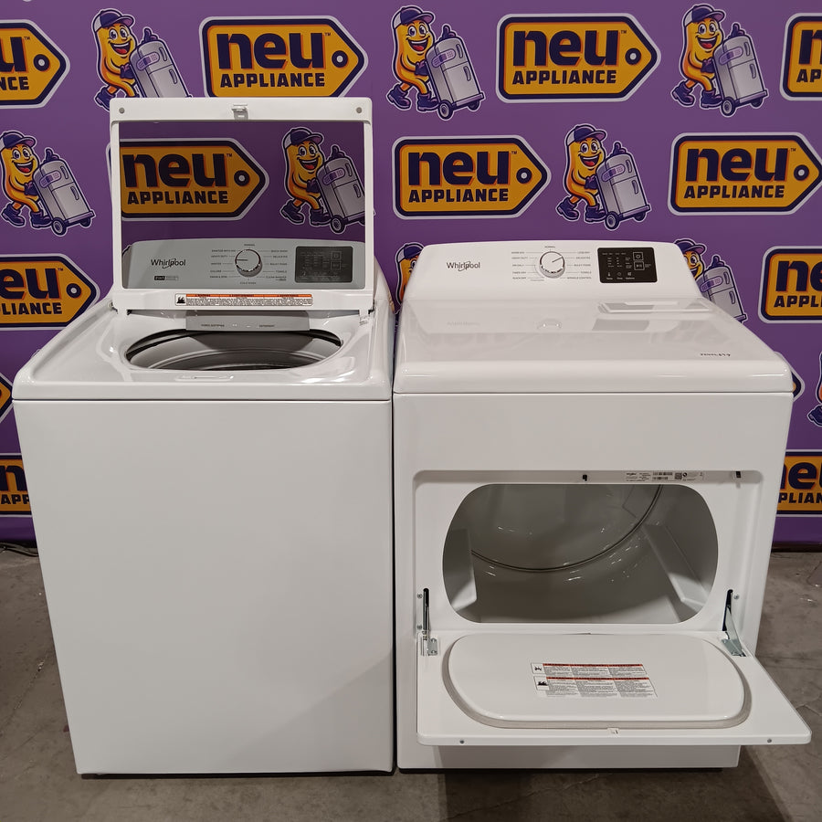 Whirlpool 4.2-4.3 Cu. Ft. Top Load Washer with 2-in-1 Removable Agitator and Soft Close Glass Lid WTW4307SW - Scratch & Dent (Minor) and Whirlpool 7.0 cu. ft. Electric Dryer with Adaptive Dry and Wrinkle Shield™ Option WED4307SW - Open Box