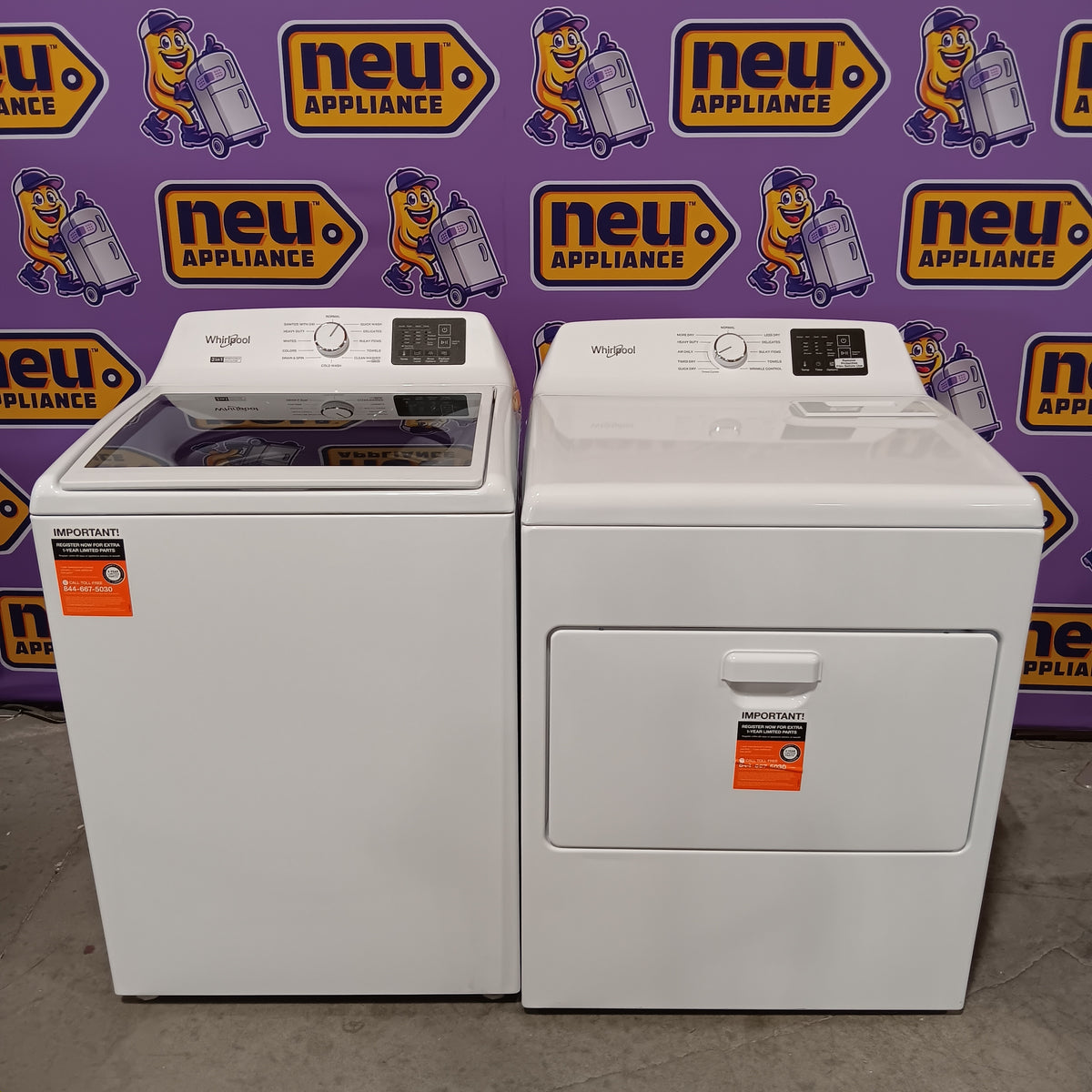 Whirlpool 4.2-4.3 Cu. Ft. Top Load Washer with 2-in-1 Removable Agitator and Soft Close Glass Lid WTW4307SW - Scratch & Dent (Minor) and Whirlpool 7.0 cu. ft. Electric Dryer with Adaptive Dry and Wrinkle Shield™ Option WED4307SW - Scratch & Dent (Minor)