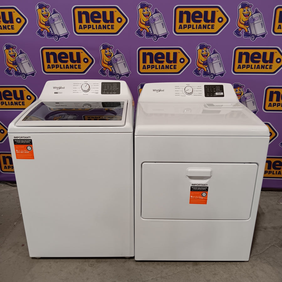 Whirlpool 4.2-4.3 Cu. Ft. Top Load Washer with 2-in-1 Removable Agitator and Soft Close Glass Lid WTW4307SW - Scratch & Dent (Minor) and Whirlpool 7.0 cu. ft. Electric Dryer with Adaptive Dry and Wrinkle Shield™ Option WED4307SW - Scratch & Dent (Minor)