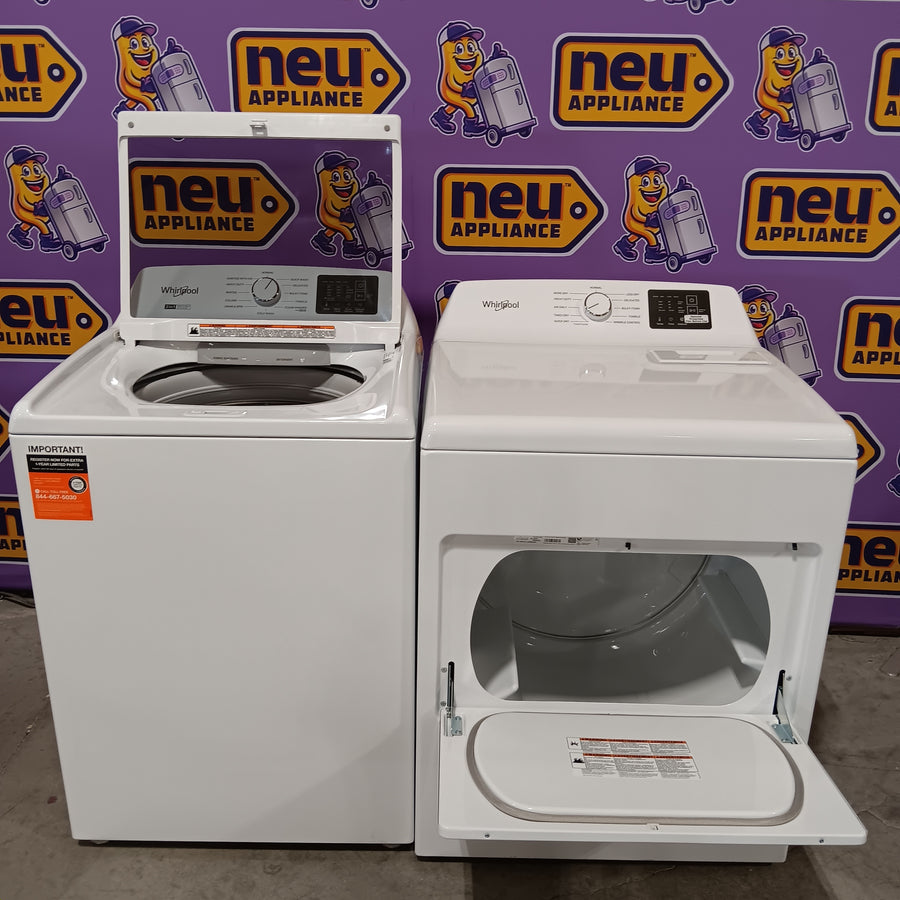Whirlpool 4.2-4.3 Cu. Ft. Top Load Washer with 2-in-1 Removable Agitator and Soft Close Glass Lid WTW4307SW - Scratch & Dent (Minor) and Whirlpool 7.0 cu. ft. Electric Dryer with Adaptive Dry and Wrinkle Shield™ Option WED4307SW - Scratch & Dent (Minor)