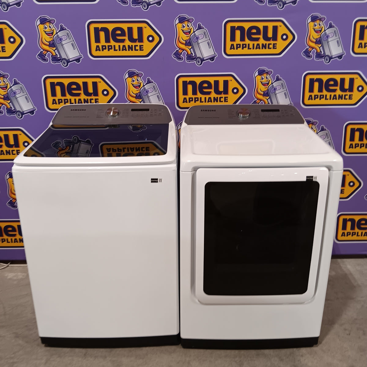 Samsung 5.2 cu. ft. Large Capacity Smart Top Load Washer with Super Speed Wash in White WA52DG5500AW - Scratch & Dent (Minor) and Samsung White Smart Electric 7.4 Cu. Ft. Dryer with Sensor Dry and Steam Sanitize+ DVE52A5500W - Scratch & Dent (Moderate)