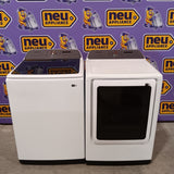 Samsung 5.2 cu. ft. Large Capacity Smart Top Load Washer with Super Speed Wash in White WA52DG5500AW - Scratch & Dent (Minor) and Samsung White Smart Electric 7.4 Cu. Ft. Dryer with Sensor Dry and Steam Sanitize+ DVE52A5500W - Scratch & Dent (Moderate)