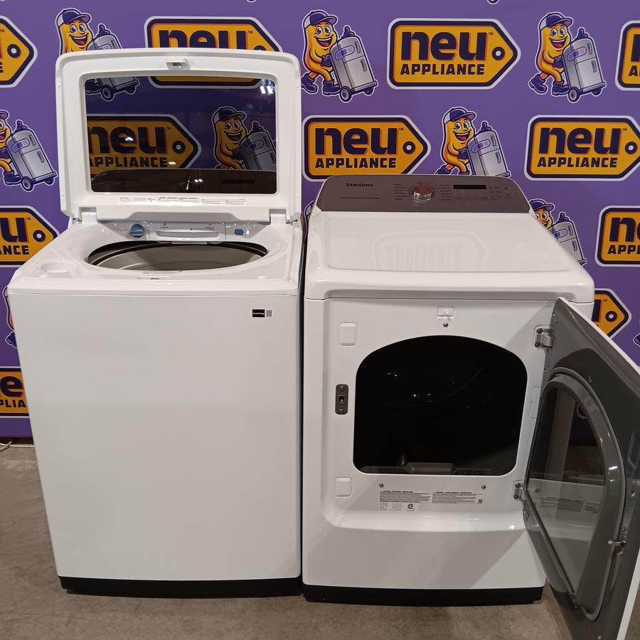 Samsung 5.2 cu. ft. Large Capacity Smart Top Load Washer with Super Speed Wash in White WA52DG5500AW - Scratch & Dent (Minor) and Samsung White Smart Electric 7.4 Cu. Ft. Dryer with Sensor Dry and Steam Sanitize+ DVE52A5500W - Scratch & Dent (Moderate)