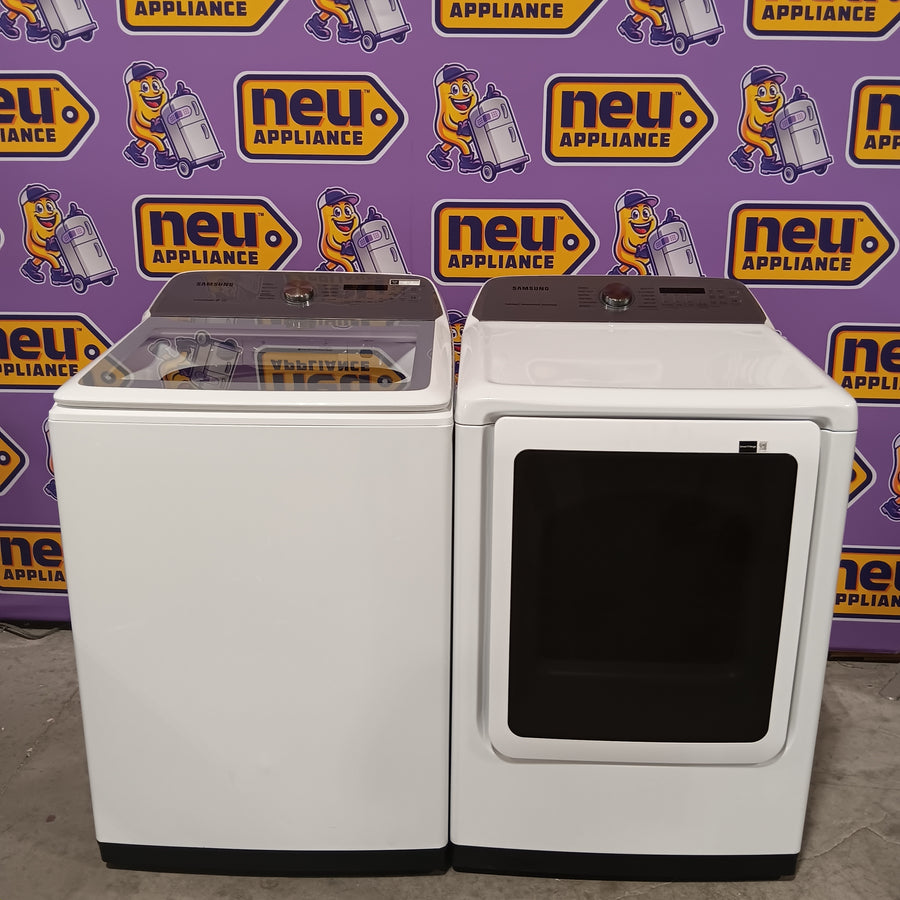 Samsung 5.0 cu. ft. Top Load Washing Machine with Active Water Jet WA50R5200AW - Scratch & Dent (Moderate) and Samsung White Smart Electric 7.4 Cu. Ft. Dryer with Sensor Dry and Steam Sanitize+ DVE52A5500W - Scratch & Dent (Minor)