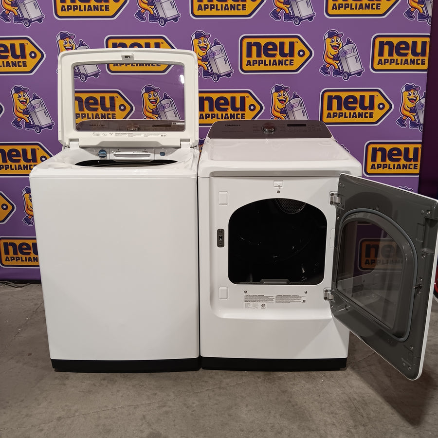 Samsung 5.0 cu. ft. Top Load Washing Machine with Active Water Jet WA50R5200AW - Scratch & Dent (Moderate) and Samsung White Smart Electric 7.4 Cu. Ft. Dryer with Sensor Dry and Steam Sanitize+ DVE52A5500W - Scratch & Dent (Minor)