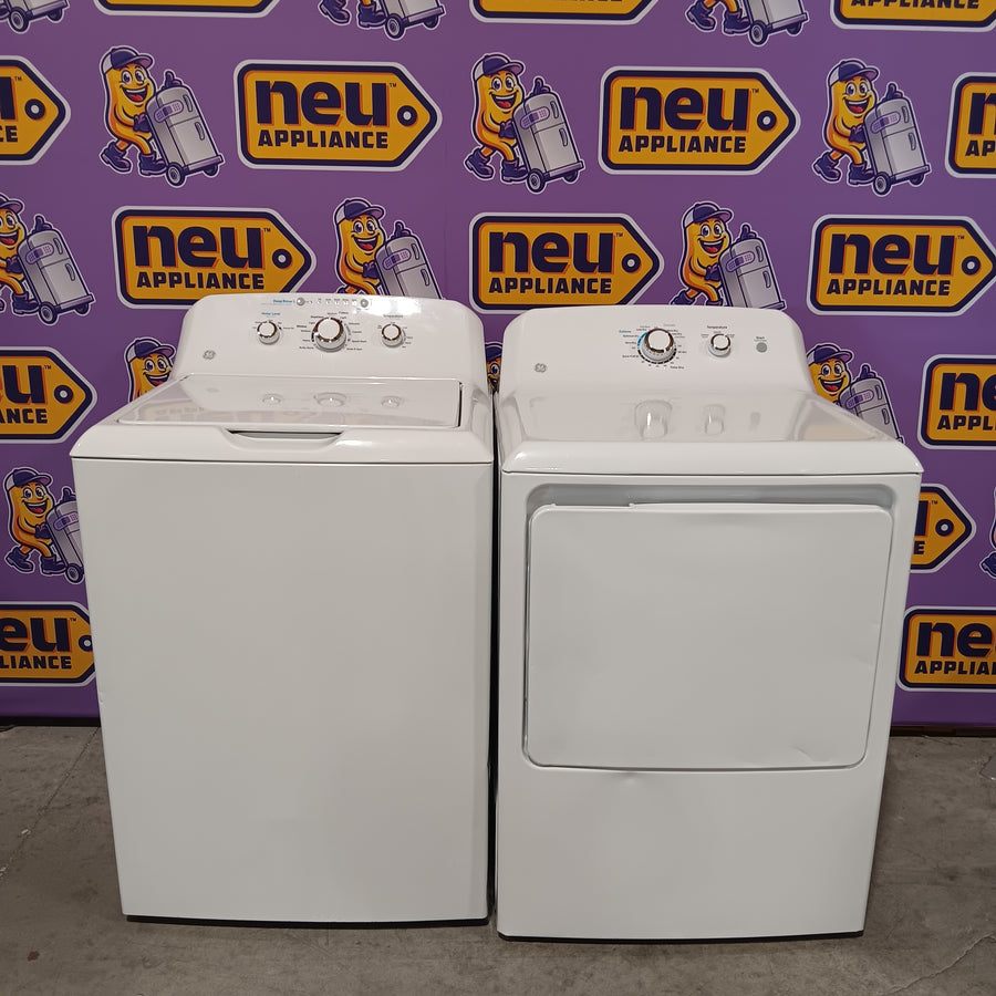 GE® 4.2 cu. ft. Capacity Washer with Stainless Steel Basket GTW335ASNWW - Certified Refurbished and GE 6.2 cu. ft. Capacity Electric Dryer with Up To 120 ft. Venting and Shallow Depth GTD33EASKWW - Certified Refurbished