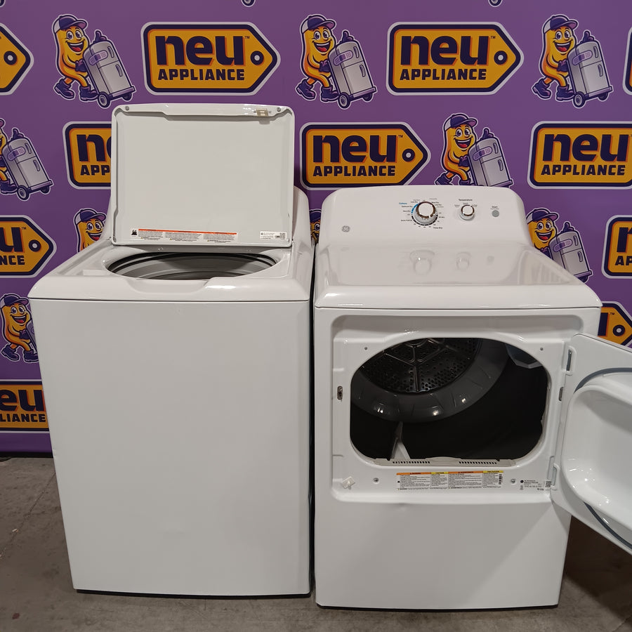 GE® 4.2 cu. ft. Capacity Washer with Stainless Steel Basket GTW335ASNWW - Certified Refurbished and GE 6.2 cu. ft. Capacity Electric Dryer with Up To 120 ft. Venting and Shallow Depth GTD33EASKWW - Certified Refurbished