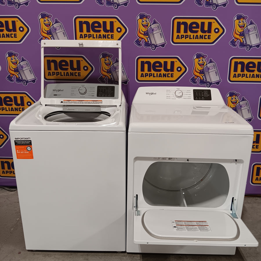 Whirlpool 4.2-4.3 Cu. Ft. Top Load Washer with 2-in-1 Removable Agitator and Soft Close Glass Lid WTW4307SW - Open Box and Whirlpool 7.0 cu. ft. Electric Dryer with Adaptive Dry and Wrinkle Shield™ Option WED4307SW - Open Box
