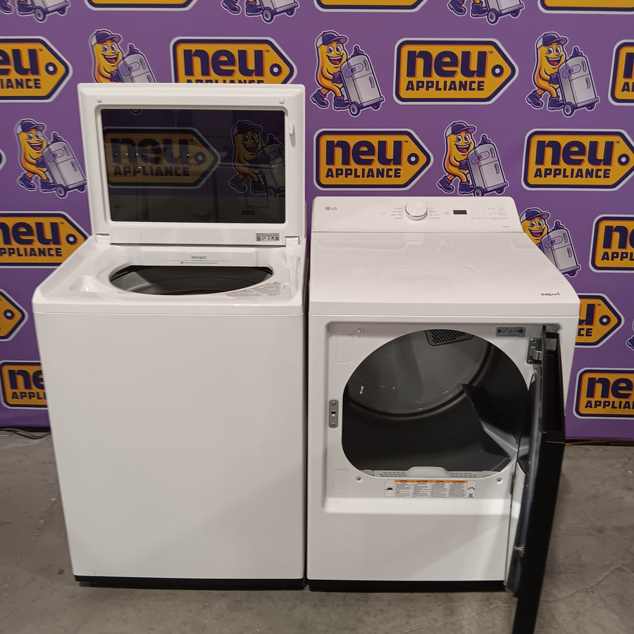 LG 5.0 cu.ft. SMART Top Load Washer in Alpine White with TurboWash WT8200CW - Scratch & Dent (Minor) and LG 7.3 cu. ft. Ultra Large Capacity Rear Control Electric Dryer with AI Sensing and ThinQ® Smart Features DLE8200W - Scratch & Dent (Moderate)