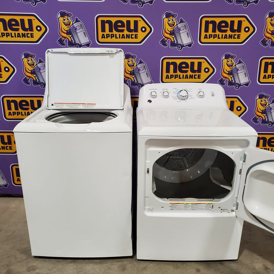 GE® 4.5 cu. ft. Capacity Washer with Stainless Steel Basket in White GTW465ASNWW - Certified Refurbished and GE White Electric 7.2 Cu. Ft. Dryer with Aluminized Alloy Drum GTD42EASJWW - Certified Refurbished