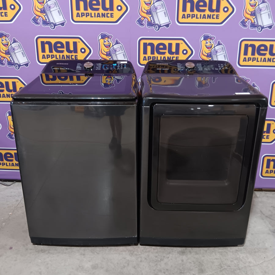 Samsung 5.0 cu. ft. Energy Star Top Load Washer with Active Water Jet in Black Stainless Steel WA50R5400AV - Certified Refurbished and Samsung 7.4 cu ft Gas Dryer with Steam Sanitize Option DVG50R5400V - Certified Refurbished