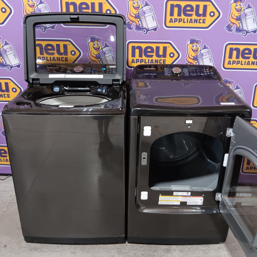 Samsung 5.0 cu. ft. Energy Star Top Load Washer with Active Water Jet in Black Stainless Steel WA50R5400AV - Certified Refurbished and Samsung 7.4 cu ft Gas Dryer with Steam Sanitize Option DVG50R5400V - Certified Refurbished