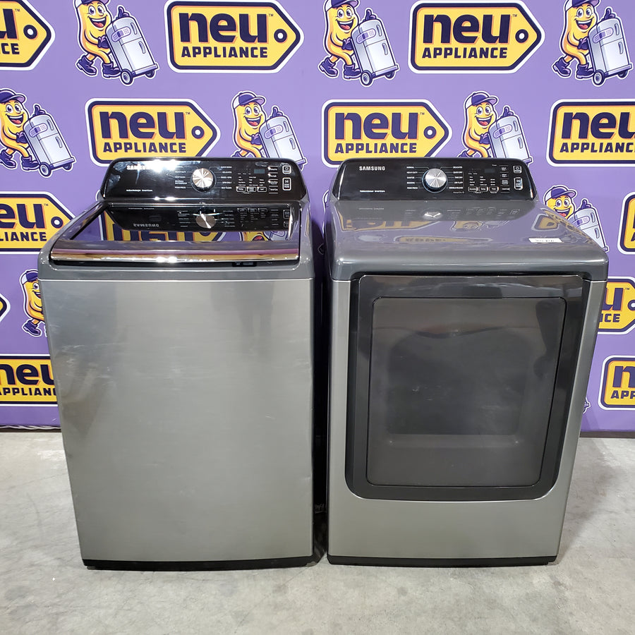 Samsung 4.4 cu. ft. Top Load Washer with ActiveWave™ Agitator and Active WaterJet in Platinum WA44A3405AP - Certified Refurbished and Samsung Platinum Electric 7.4 Cu. Ft. Dryer with Sensor Dry DVE45T3400P - Certified Refurbished