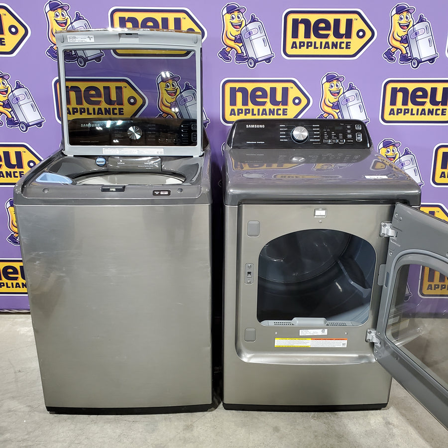 Samsung 4.4 cu. ft. Top Load Washer with ActiveWave™ Agitator and Active WaterJet in Platinum WA44A3405AP - Certified Refurbished and Samsung Platinum Electric 7.4 Cu. Ft. Dryer with Sensor Dry DVE45T3400P - Certified Refurbished