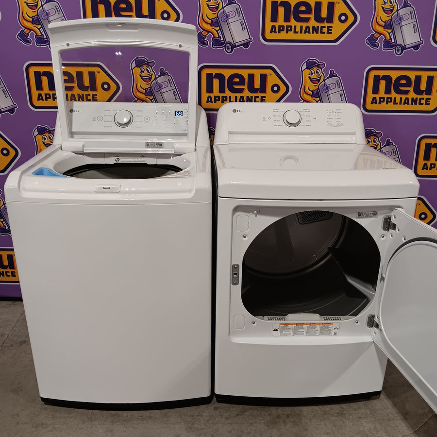 LG 4.3 cu. ft. Ultra Large Capacity Top Load Washer with 4-Way™ Agitator WT7005CW - Scratch & Dent (Minor) and LG 7.3 Cu. Ft. Electric Rear Control Ultra Large Capacity Dryer with Sensor Dry DLE6100W - Open Box
