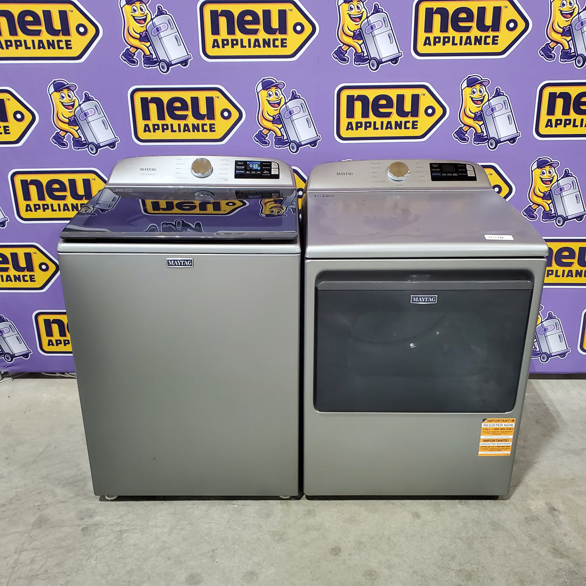 Maytag 5.3 cu. ft. Top Load Washer in Classic Silver with Impeller and Extra Power Option MTW6200RR - Open Box and  Maytag 7.4 cu. ft. Vented Front Load Electric Dryer in Classic Silver with Extra Power MED6205RR - Open Box
