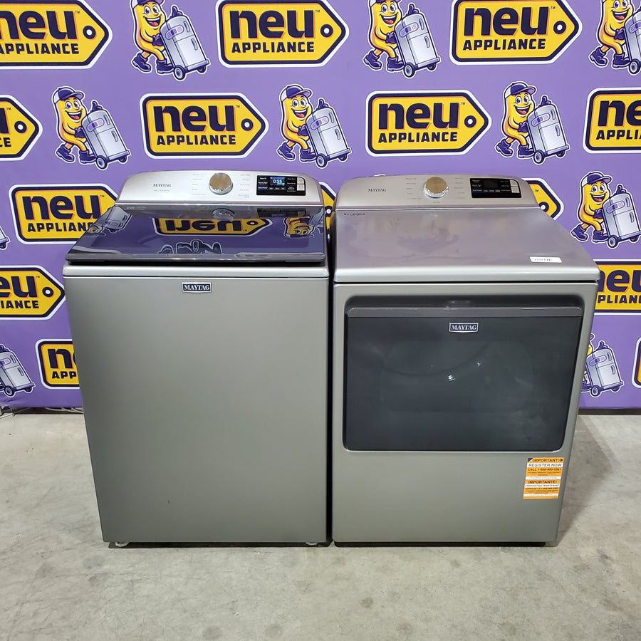 Maytag 5.3 cu. ft. Top Load Washer in Classic Silver with Impeller and Extra Power Option MTW6200RR - Open Box and  Maytag 7.4 cu. ft. Vented Front Load Electric Dryer in Classic Silver with Extra Power MED6205RR - Open Box