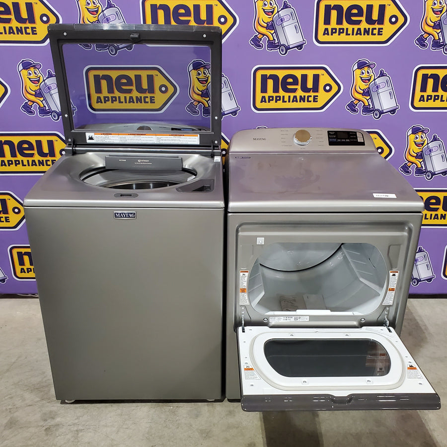 Maytag 5.3 cu. ft. Top Load Washer in Classic Silver with Impeller and Extra Power Option MTW6200RR - Open Box and  Maytag 7.4 cu. ft. Vented Front Load Electric Dryer in Classic Silver with Extra Power MED6205RR - Open Box