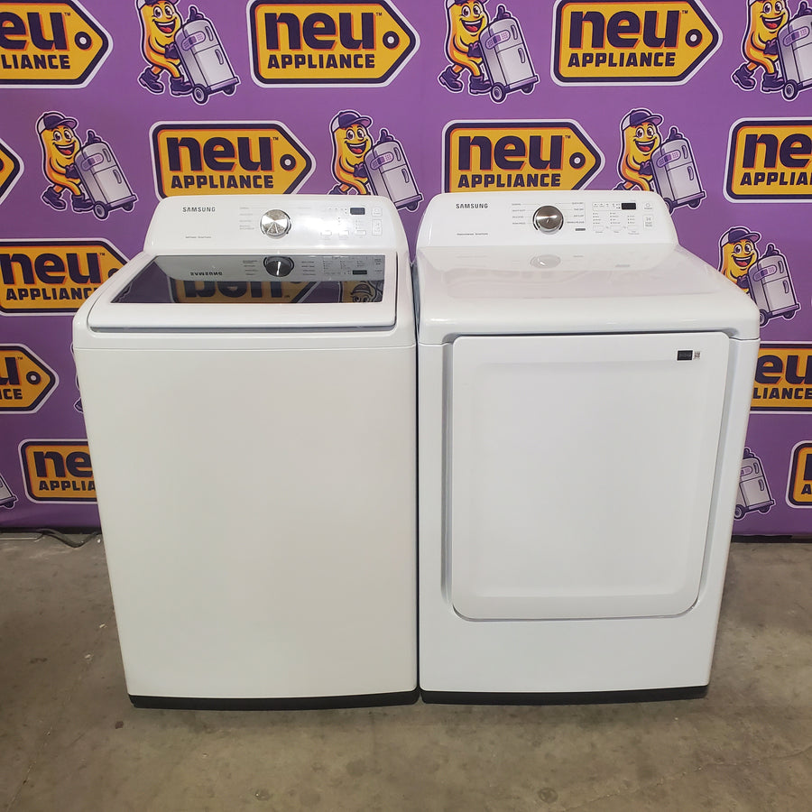 Samsung 4.5 cu. ft. Top Load Washer with Vibration Reduction Technology+ in White WA45T3200AW - Certified Refurbished and Samsung 7.2 cu. ft. Electric Dryer with Sensor Dry in White DVE45T3200W - Scratch & Dent (Minor)