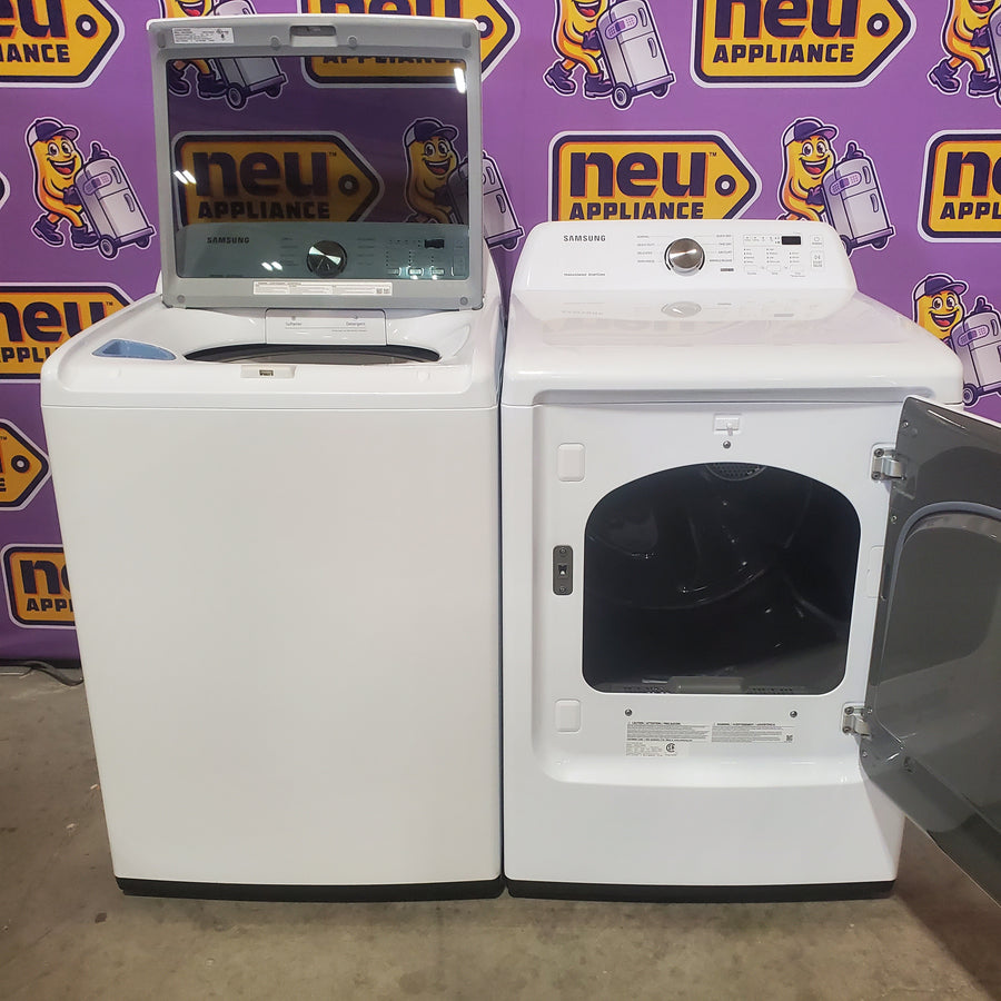 Samsung 4.5 cu. ft. Top Load Washer with Vibration Reduction Technology+ in White WA45T3200AW - Certified Refurbished and Samsung 7.2 cu. ft. Electric Dryer with Sensor Dry in White DVE45T3200W - Scratch & Dent (Minor)