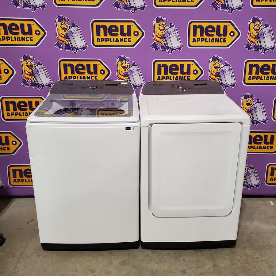 Samsung ENERGY STAR 5.0 cu. ft. Top Load Washing Machine with Active Water Jet WA50R5200AW - Certified Refurbished and Samsung 7.4 cu. ft. Vented Gas Dryer with Sensor Dry in White DVG50R5200W - Certified Refurbished