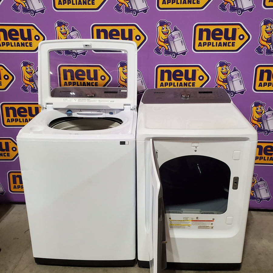 Samsung ENERGY STAR 5.0 cu. ft. Top Load Washing Machine with Active Water Jet WA50R5200AW - Certified Refurbished and Samsung 7.4 cu. ft. Vented Gas Dryer with Sensor Dry in White DVG50R5200W - Certified Refurbished