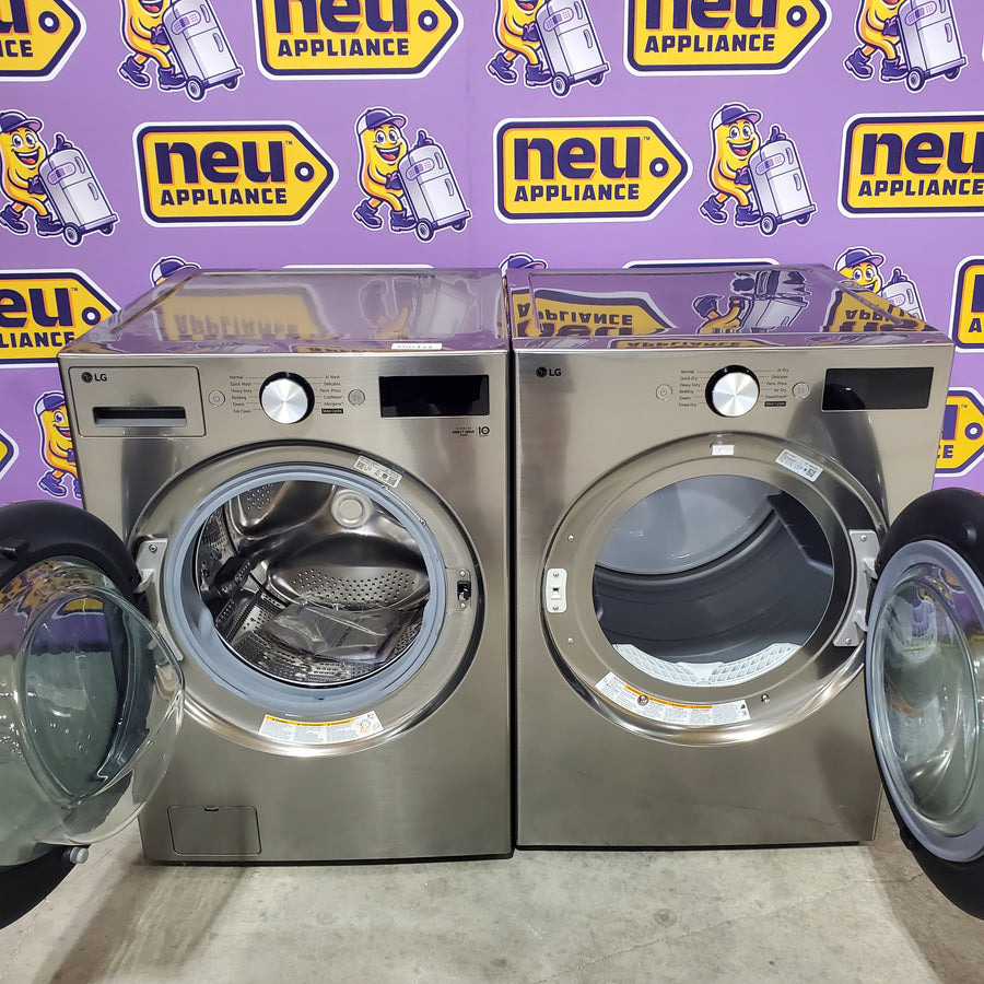 LG 5.0 cu. ft. Mega Capacity Smart Front Load Washer with TurboWash® 360° and AI Sensing WM5800HVA - Scratch & Dent (Minor) and LG 7.4-cu ft Stackable Vented Electric Dryer with Steam Cycle in Graphite Steel DLEX5800V - Scratch & Dent (Minor)