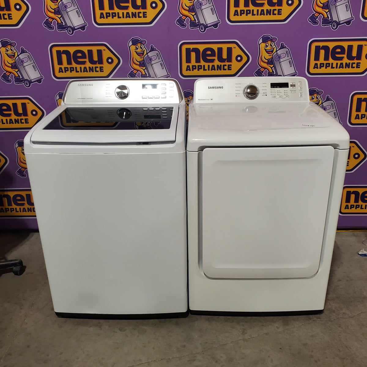 Samsung 4.5-cu ft High Efficiency Impeller Medium Top-Load Washer in White WA45T3400AW - Certified Refurbished and Samsung 7.2-cu ft Electric Dryer in White DV400EWHDWR - Certified Refurbished