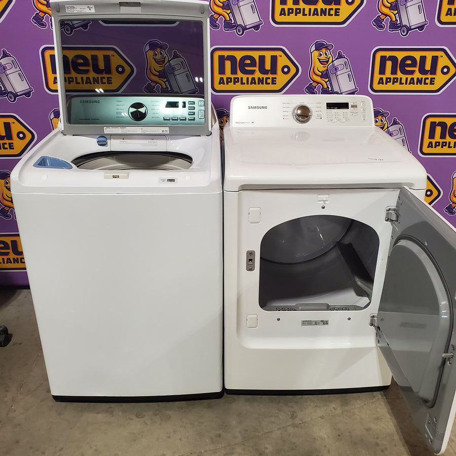 Samsung 4.5-cu ft High Efficiency Impeller Medium Top-Load Washer in White WA45T3400AW - Certified Refurbished and Samsung 7.2-cu ft Electric Dryer in White DV400EWHDWR - Certified Refurbished