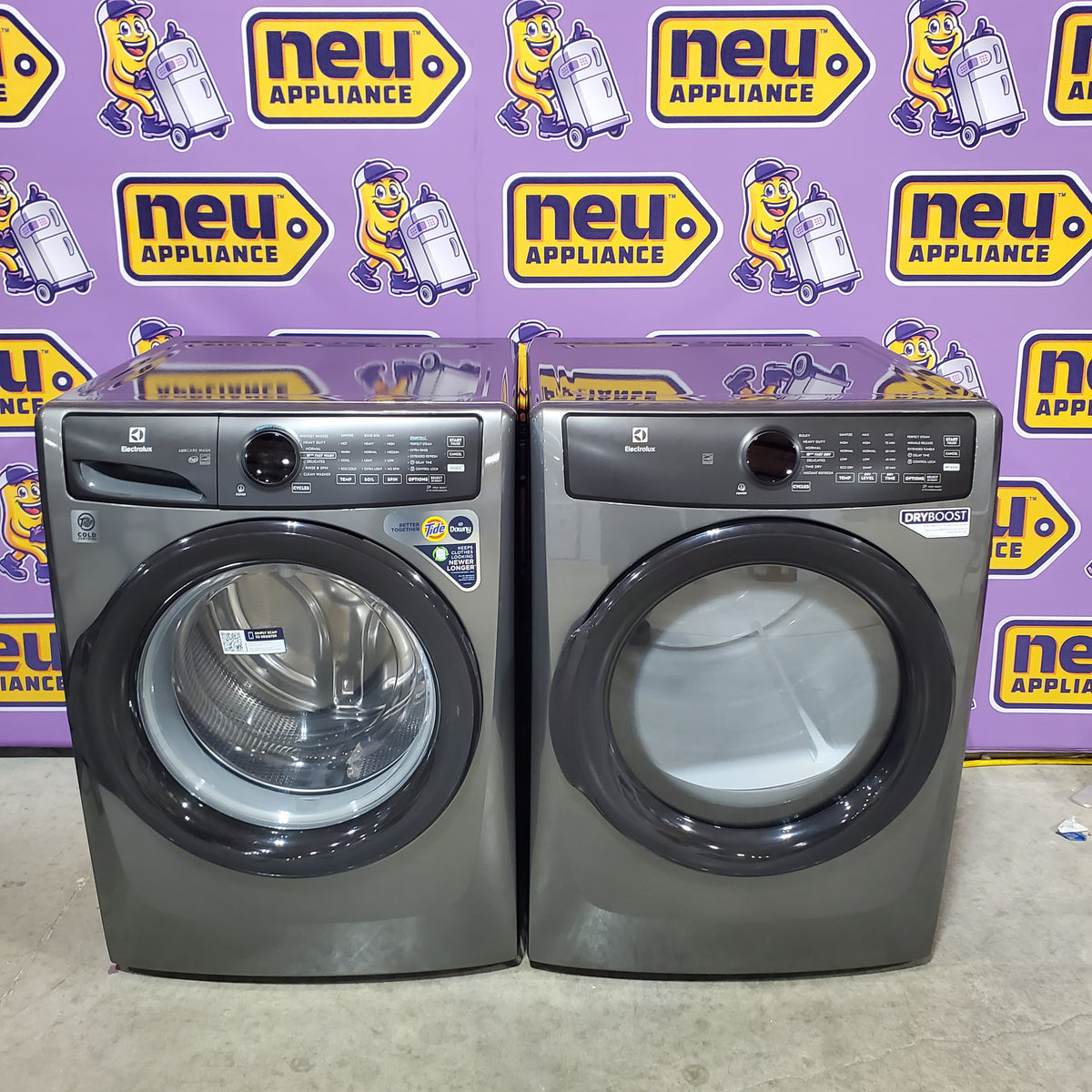 Electrolux 400 Series Front Load Washer - 4.5 Cu. Ft. ELFW7437AT - Scratch & Dent (Minor) and Electrolux 8-cu ft Stackable Vented Electric Dryer with Steam Cycle in Titanium ELFE7437AT - Scratch & Dent (Minor)