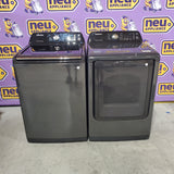 Samsung 4.7 cu. ft. Large Capacity Smart Top Load Washer with Active WaterJet in Brushed Black WA47CG3500AV - Scratch & Dent (Minor) and Samsung Brushed Black 7.4 cu. ft. Smart Electric Dryer with Sensor Dry DVE47CG3500V - Scratch & Dent (Major)