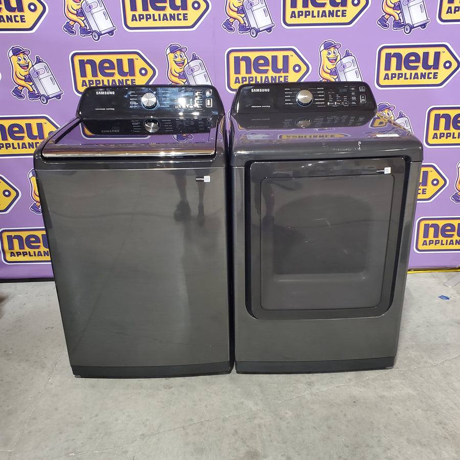 Samsung 4.7 cu. ft. Large Capacity Smart Top Load Washer with Active WaterJet in Brushed Black WA47CG3500AV - Scratch & Dent (Minor) and Samsung Brushed Black 7.4 cu. ft. Smart Electric Dryer with Sensor Dry DVE47CG3500V - Scratch & Dent (Major)