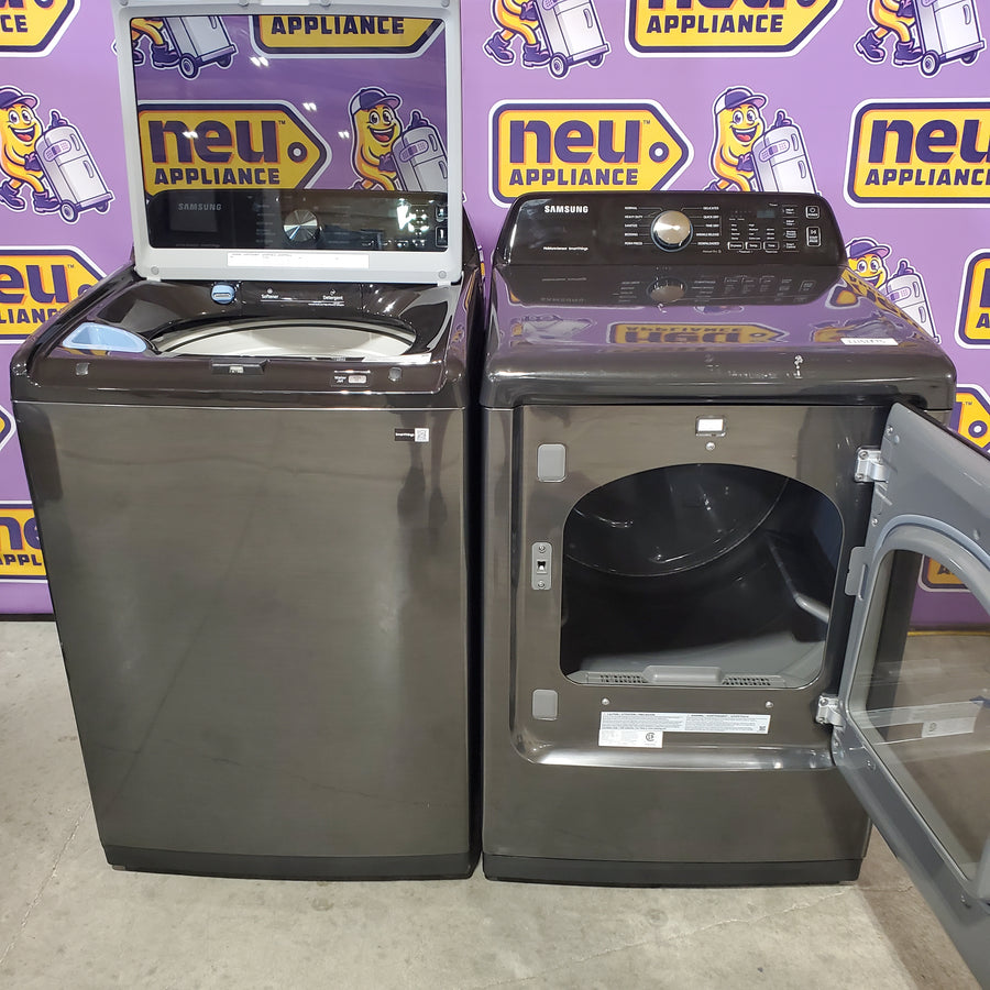 Samsung 4.7 cu. ft. Large Capacity Smart Top Load Washer with Active WaterJet in Brushed Black WA47CG3500AV - Scratch & Dent (Minor) and Samsung Brushed Black 7.4 cu. ft. Smart Electric Dryer with Sensor Dry DVE47CG3500V - Scratch & Dent (Major)