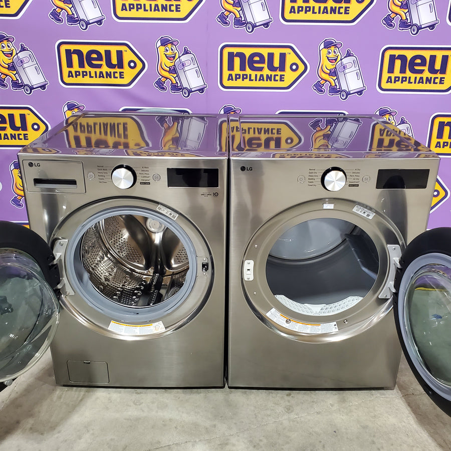 LG 5.0 cu. ft. Mega Capacity Smart Front Load Washer with TurboWash® 360° and AI Sensing WM5800HVA - Open Box and LG 7.4-cu ft Stackable Vented Electric Dryer with Steam Cycle in Graphite Steel DLEX5800V - Scratch & Dent (Moderate)