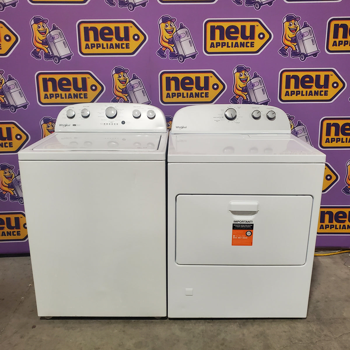Whirlpool 3.8–3.9 Cu. Ft.  Top Load Washer with 2 in 1 Removable Agitator and Soil Level Selection WTW4957PW - Certified Refurbished and Whirlpool 7-cu ft Vented Electric Dryer WED4815EW - Scratch & Dent (Minor)