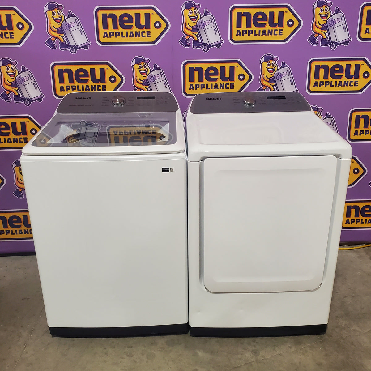 Samsung White Top Load 5.0 Cu. Ft. Washer with Active Water Jet WA50R5200AW - Open Box and Samsung White Electric 7.4 Cu. Ft. Dryer with Sensor Dry DVE50R5200W - Certified Refurbished